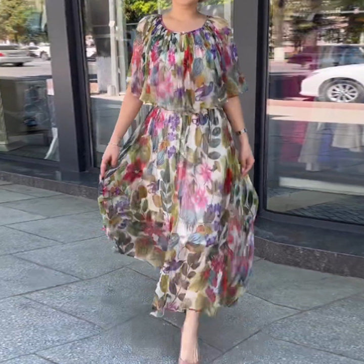 Damen nan luftiges Chiffon-Maxikleid mit floralem Print, gerafftem Rundhalsausschnitt und elastischem Taillenband Drune