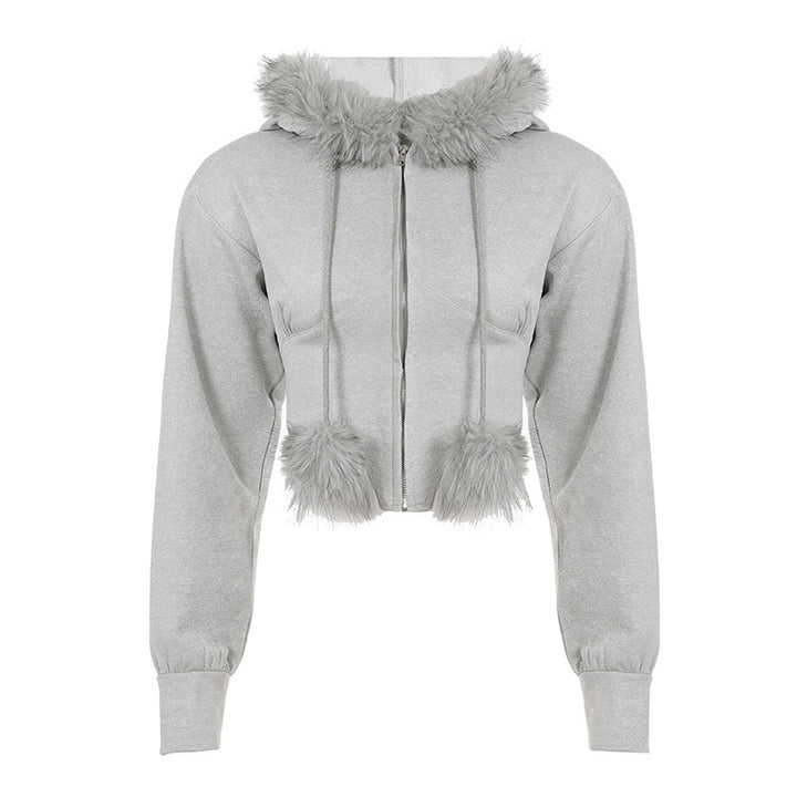 Damen nan kurzes Kapuzen‑Sweatshirt mit Kunstfellbesatz, Reißverschluss und Pompon-Kordeln Drune