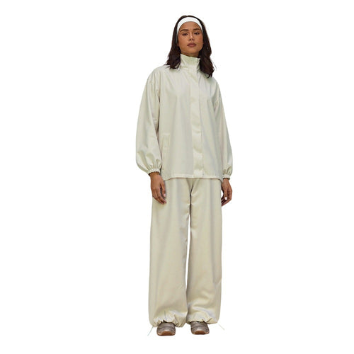 Damen Oversize-Trainingsset mit Stehkragen Ballonärmeln und weiten Kordelhosen Drune