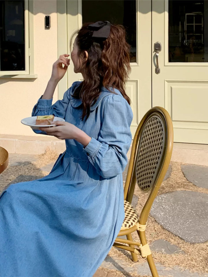 Damen Langes Chambray-Midaxi-Hemdkleid mit geraffter Taillenpasse und weitem Rockfalten Drune