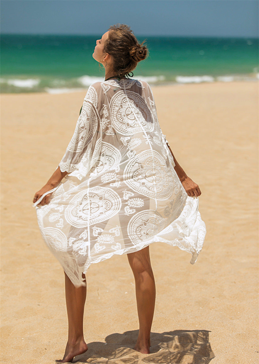 Damen elegante Häkel-Strandtunika mit floralen Details Drune