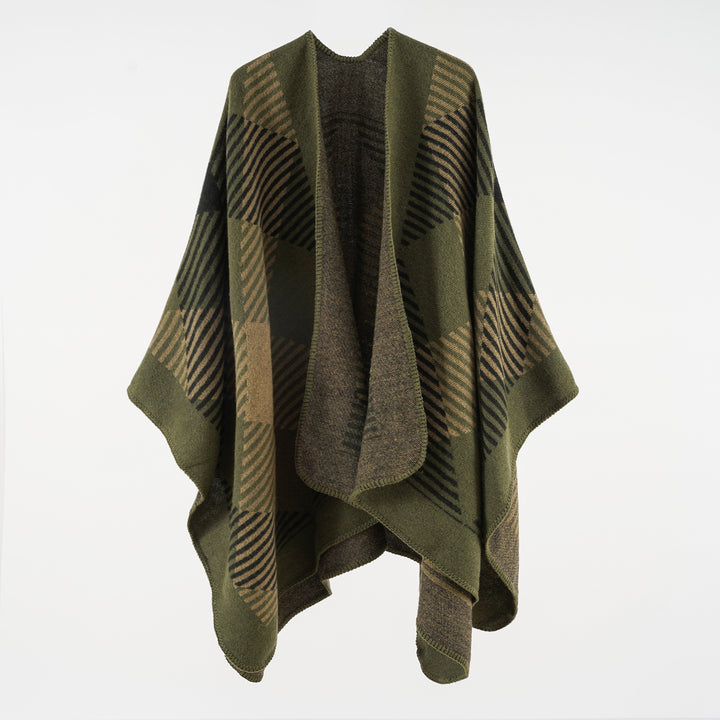 Damen Umhangponcho aus Wollmix mit geometrischem Streifen-Jacquard und offener Kantennaht Drune