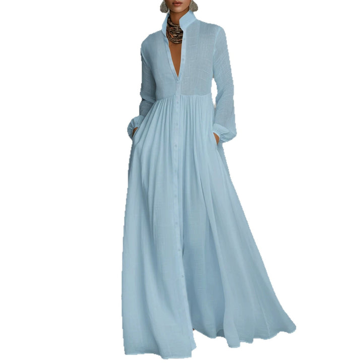Damen Maxikleid mit Stehkragen, durchgehender Knopfleiste, taillenhoher Raffung und Eingrifftaschen Drune