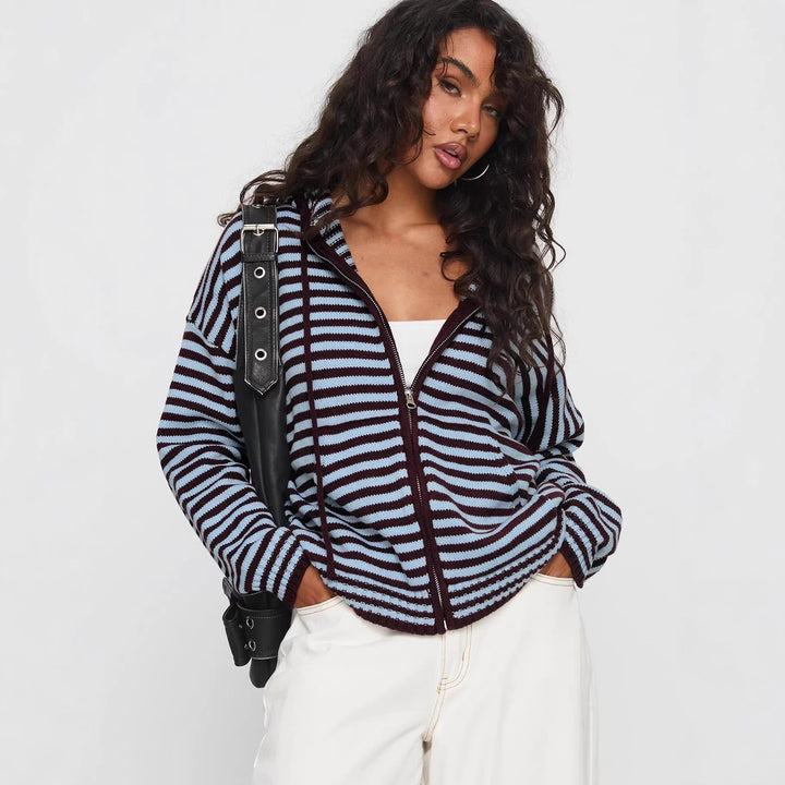 Damen Cardigan im gestreiften Design mit hochwertigem Reißverschluss und lässigem Schnitt Drune