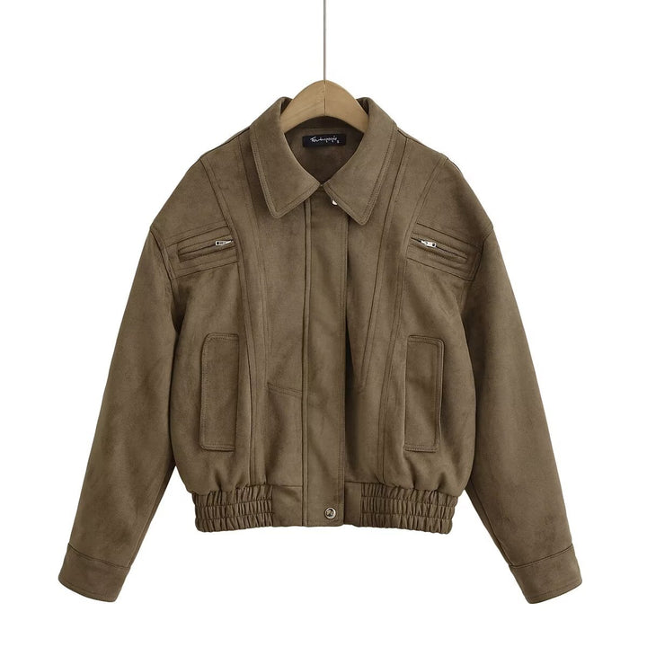 Damen modische Wildlederjacke mit tailliertem Schnitt und praktischen Taschen Drune