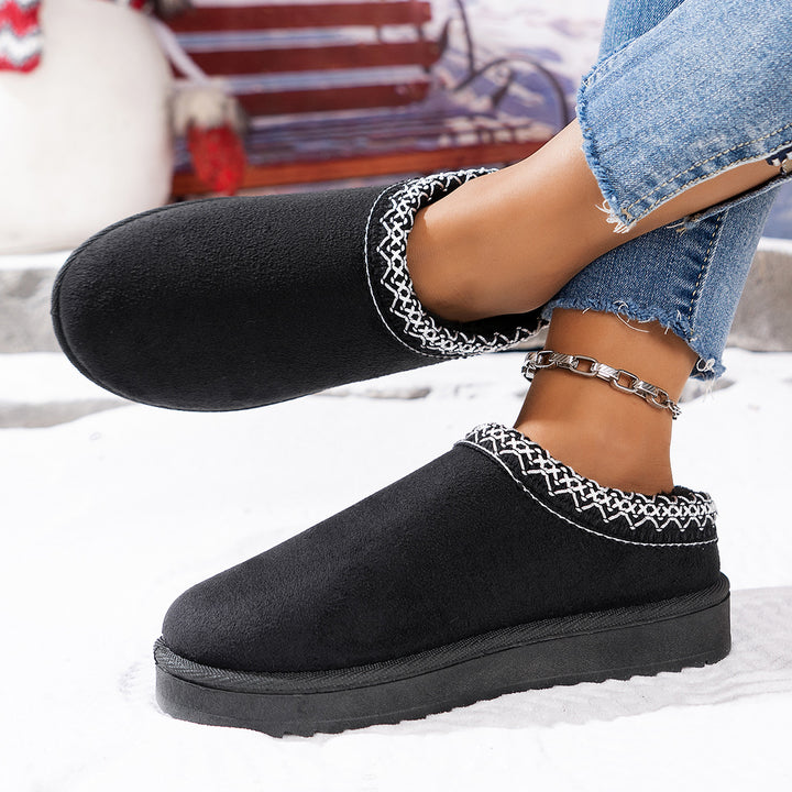 Damen Gefütterte Loafer‑Hausschuhe aus Wildlederimitat mit besticktem Rand und profiliertem Plateau Drune