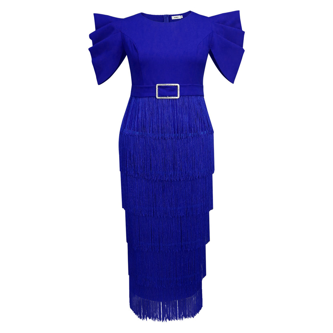 Damen Elegantes Fransen-Maxikleid mit voluminösen Puffärmeln Drune
