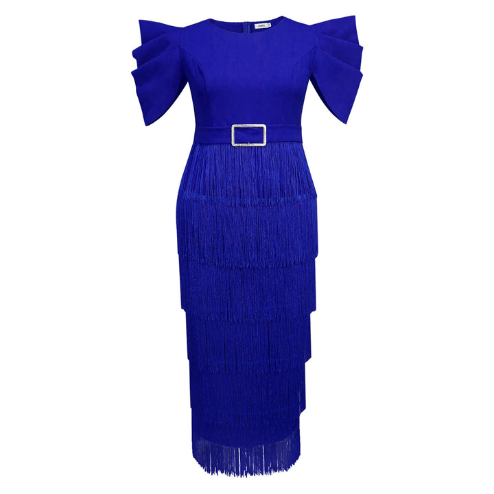 Damen Elegantes Fransen-Maxikleid mit voluminösen Puffärmeln Drune