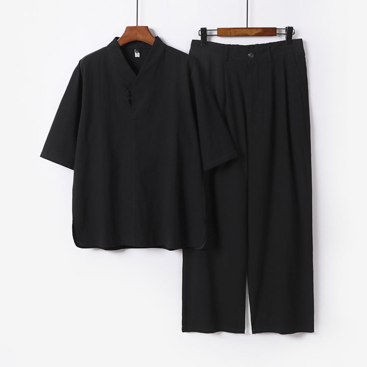 Herren Zweiteiliges Leichtes Kimono-Loungewear-Set mit Stehkragen Knotenverschluss Kurzarm und weiter Bundhose Drune
