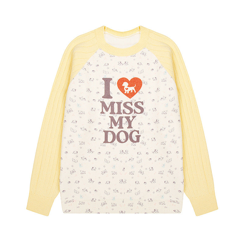 Damen Strickpullover mit Raglanärmeln, Allover-Hundemotiv und Statement-Print Drune
