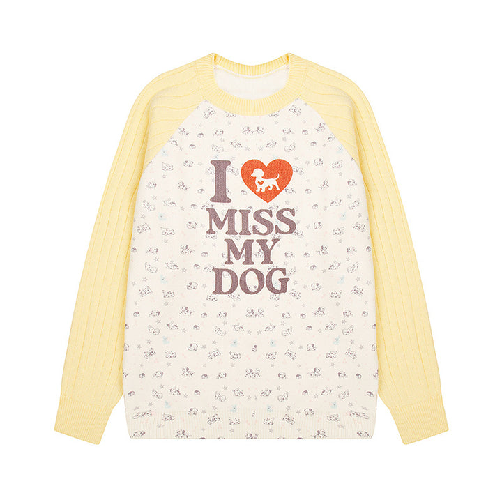 Damen Strickpullover mit Raglanärmeln, Allover-Hundemotiv und Statement-Print Drune
