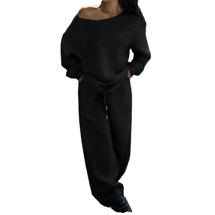 Damen Oversize Off-Shoulder Lounge-Set mit weitem Sweater und Palazzo-Jogger Drune