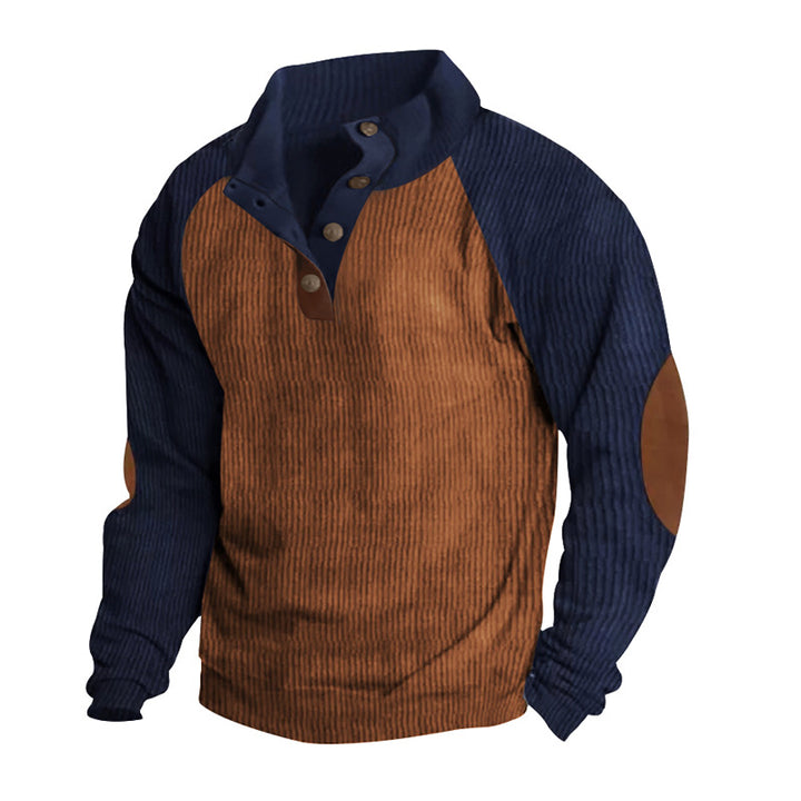 Herren nan thermischer Cordpullover mit Knopfleiste Stehkragen Raglanärmeln und Ellenbogenaufnähern Drune
