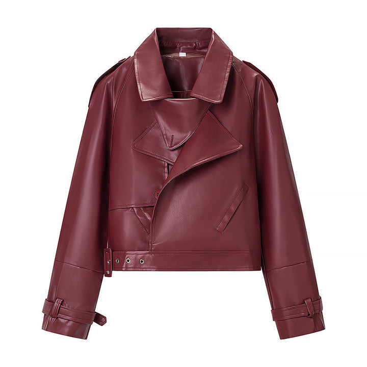 Damen Kurz geschnittene Bikerjacke aus Lederoptik mit asymmetrischer Reversklappe und Taillenriegel Drune