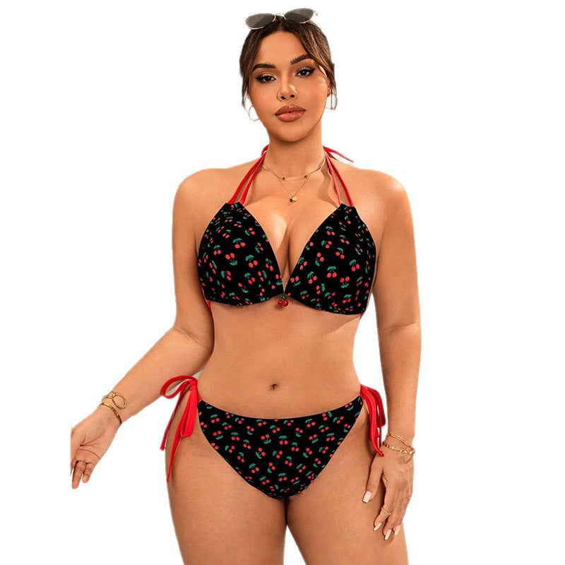 Damen Triangel-Bikini mit verstellbaren Bindebändern und fröhlichem Kirschmuster Drune