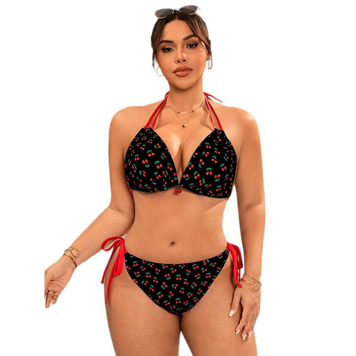Damen Triangel-Bikini mit verstellbaren Bindebändern und fröhlichem Kirschmuster Drune