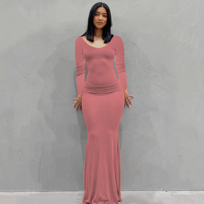 Damen Körperbetontes Maxi‑Jerseykleid mit taillierter Drapierung, langen Ärmeln und ausgestelltem Saum Drune