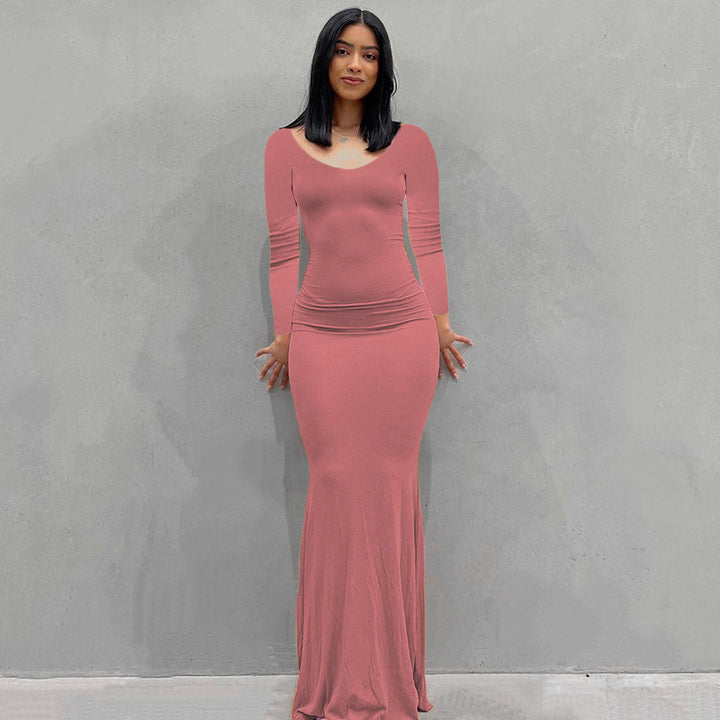 Damen Körperbetontes Maxi‑Jerseykleid mit taillierter Drapierung, langen Ärmeln und ausgestelltem Saum Drune