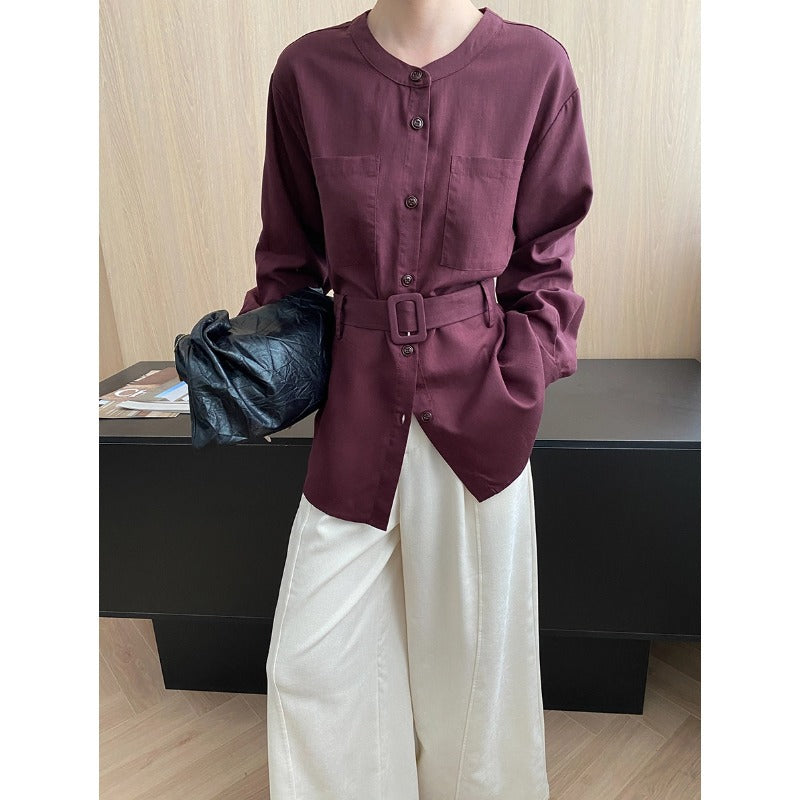 Damen Hemdbluse mit modischem Gürtel und zwei Taschen Drune