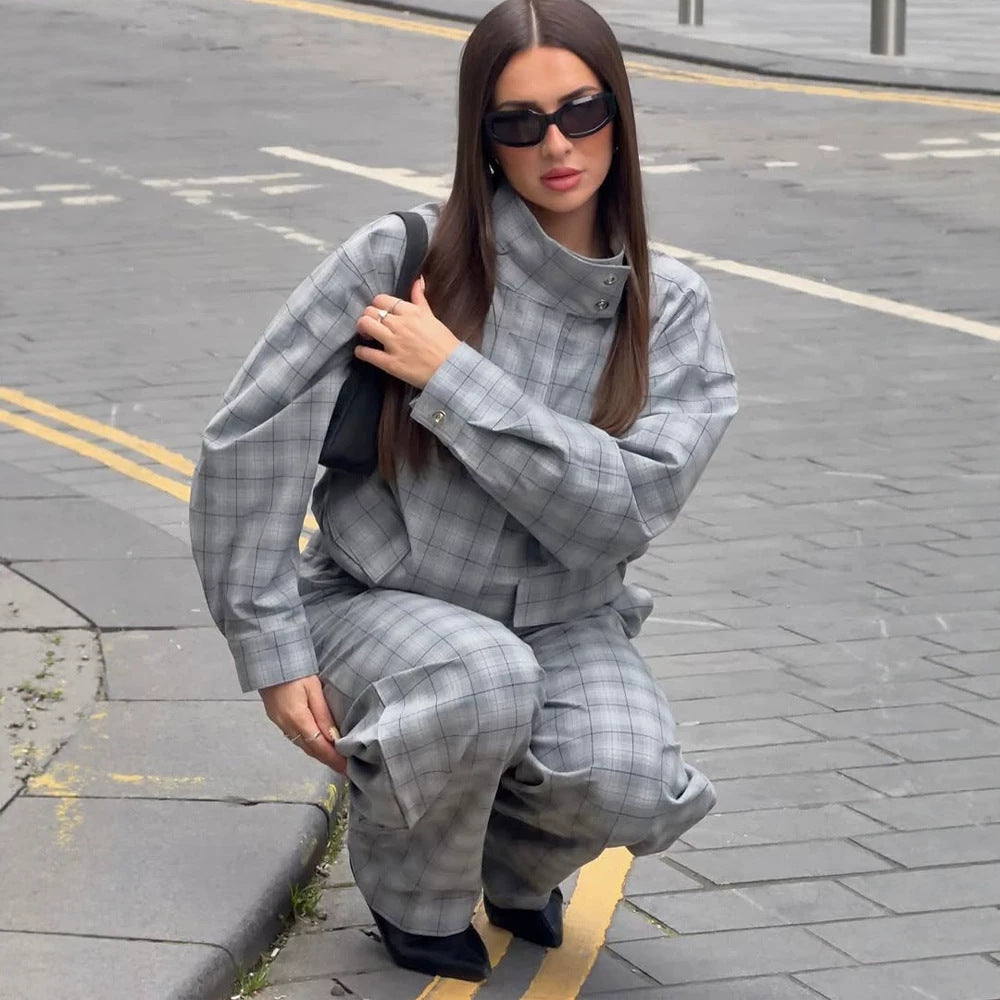 Damen Oversize Karo-Zweiteiler aus Tailormix mit Stehkragen Drune