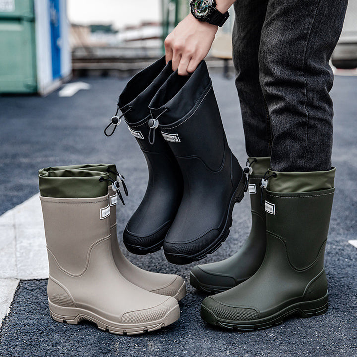 Herren wasserdichte Arbeits- und Regen-Gummistiefel mit verstellbarem Kordelabschluss und rutschfester Profilsohle Drune