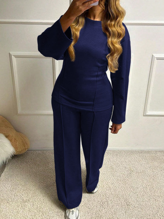 Damen nan weiches Lounge-Set mit tailliertem Sweatshirt, formgebenden Nahtdetails und weitem Palazzohosen-Bein Drune