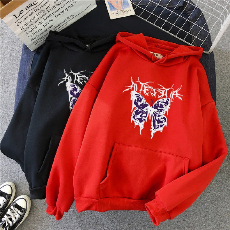 Damen nan Oversize-Kapuzenpullover mit gothischer Schmetterlings-Illustration und Kängurutasche Drune