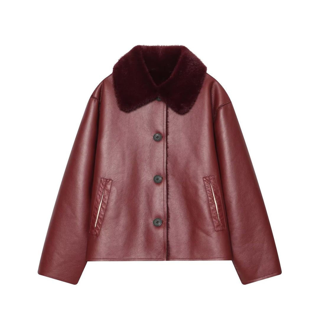 Damen Kurzjacke im Aviator-Style aus Kunstleder mit breitem Fellkragen Drune