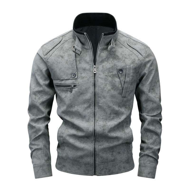 Herren Bikerjacke aus Lederimitat mit Stehkragen und modischen Brusttaschen Drune