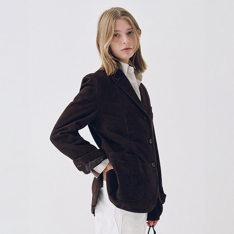 Damen Eleganter Wildlederblazer mit praktischen Taschen Drune