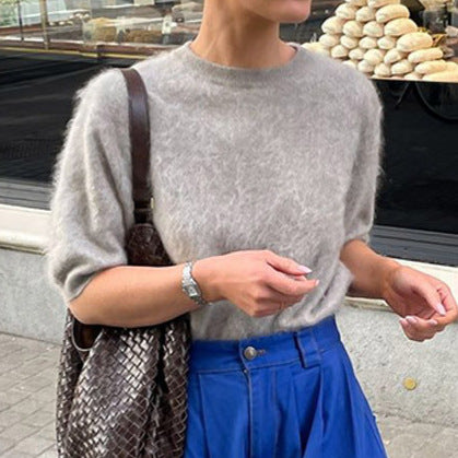 Damen Flauschiger Kurzarm-Pullover im eleganten Design Drune