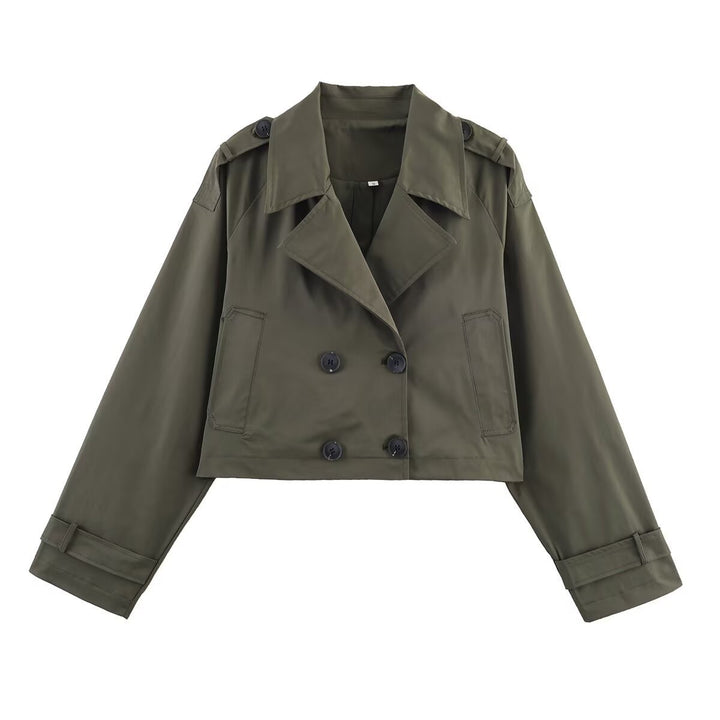 Damen Cropped Doppelreiher-Trenchjacke mit weitem Revers, Epauletten und boxy Schnitt Drune
