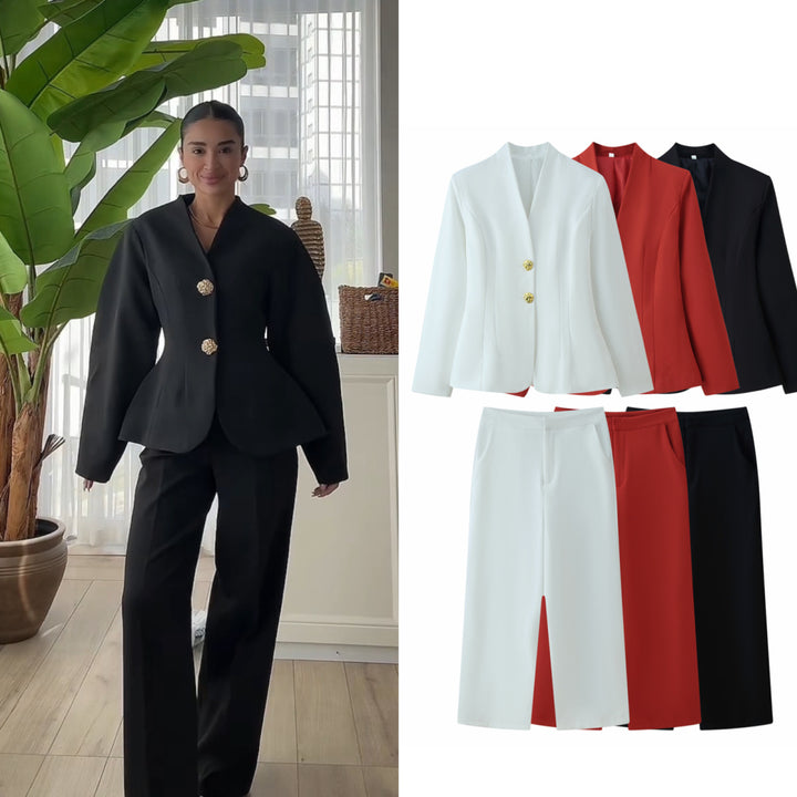 Damen 10+ taillierter Blazer mit Stehkragen und goldenen Zierknöpfen Drune