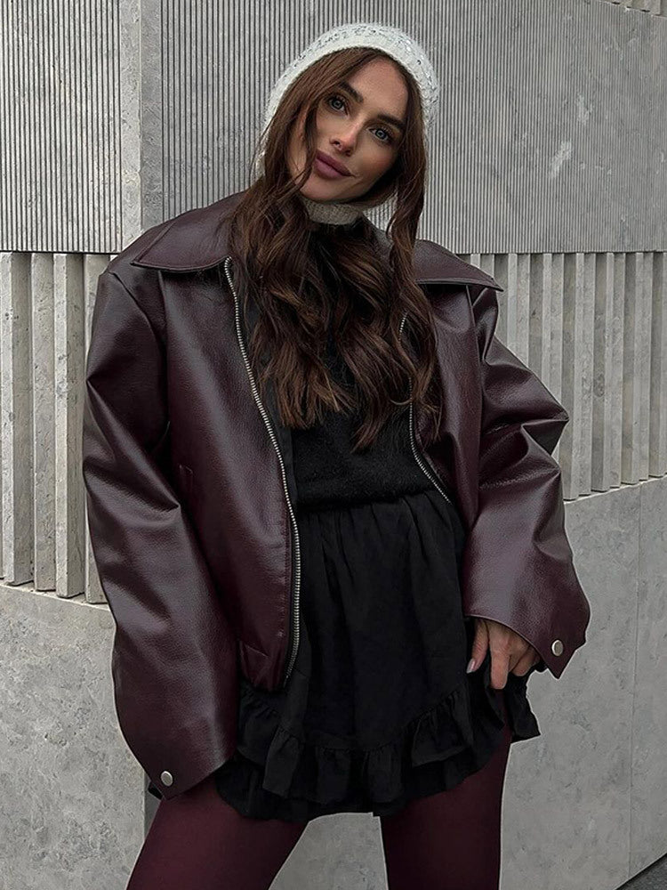 Damen Lässige Kunstlederjacke mit oversized Schnitt und praktischen Taschen Drune
