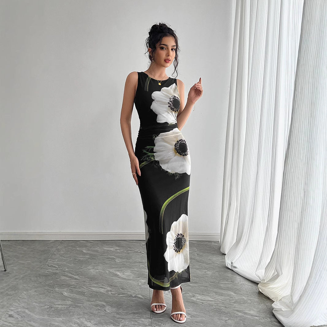 Damen nan figurbetontes ärmelloses Maxikleid mit fotorealistischem Blumenprint und taillierter Silhouette Drune