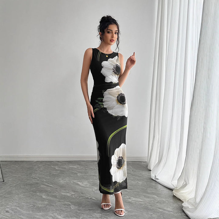 Damen nan figurbetontes ärmelloses Maxikleid mit fotorealistischem Blumenprint und taillierter Silhouette Drune