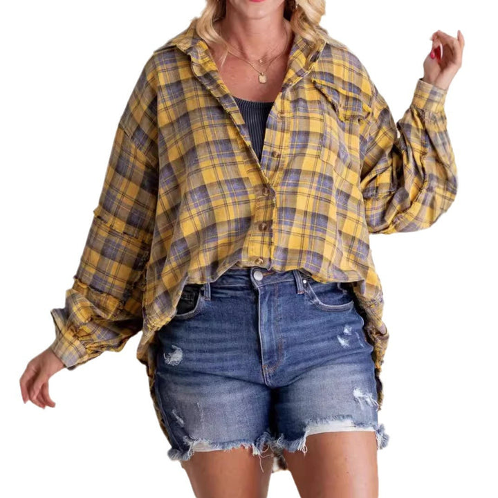 Damen nan oversized Karo-Überhemd mit Fransenbesatz, Brusttaschen und lockerer Passform Drune