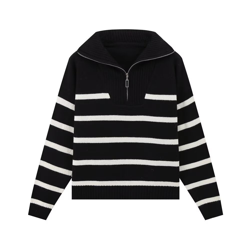 Damen Gestreifter Strickpullover mit hohem Rollkragen und halbem Reißverschluss Drune