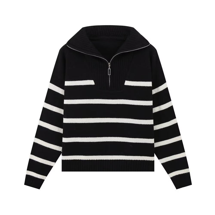 Damen Gestreifter Strickpullover mit hohem Rollkragen und halbem Reißverschluss Drune
