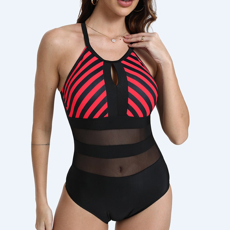 Damen Sportlicher Einteiler Badeanzug mit Netzdetails Drune