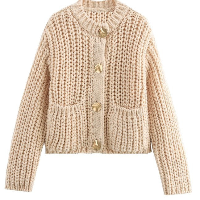 Damen Modische Strickjacke mit großen Knöpfen und praktischen Taschen Drune