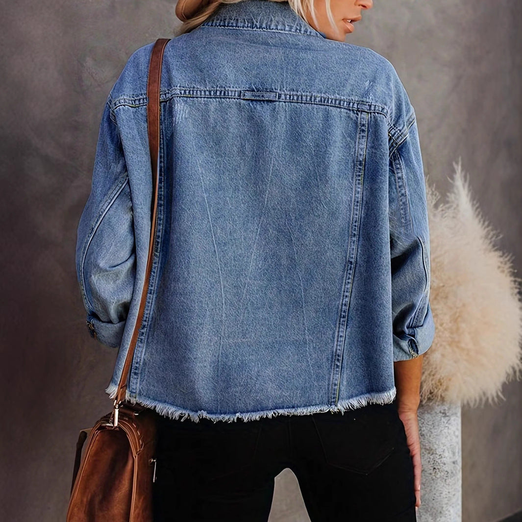 Damen Oversized Jeansjacke mit fransendem Saum und Vintage-Akzenten Drune