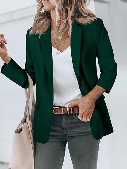 Damen Leichter Stretch-Blazer mit Schalkragen, Ein-Knopf-Verschluss und dreiviertelärmeln Drune
