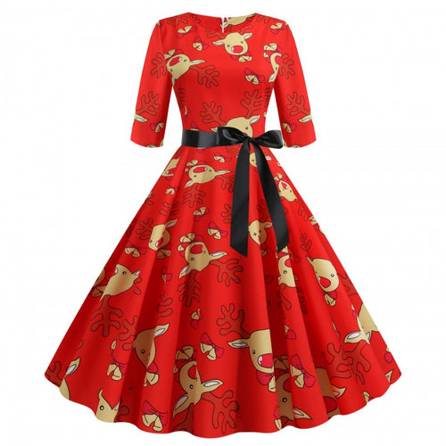 Damen Swingkleid mit fröhlichem Rentierdesign und taillierter Silhouette Drune
