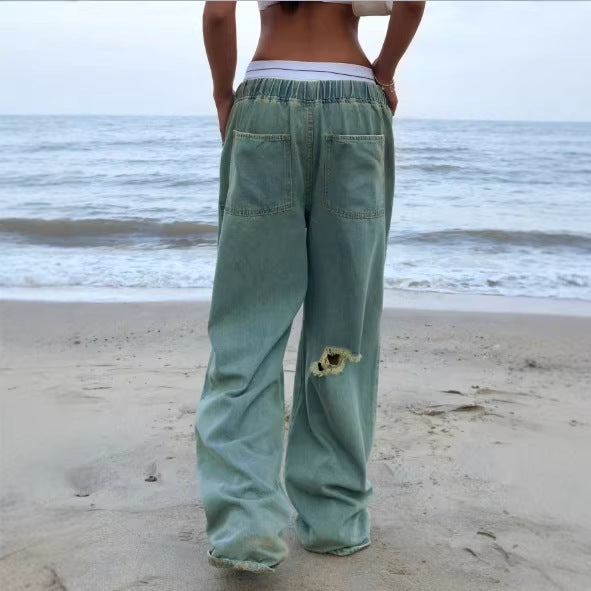 Damen Weite Vintage-Denim-Hose mit elastischem Tunnelzugbund und bodenlangem Baggy-Schnitt Drune