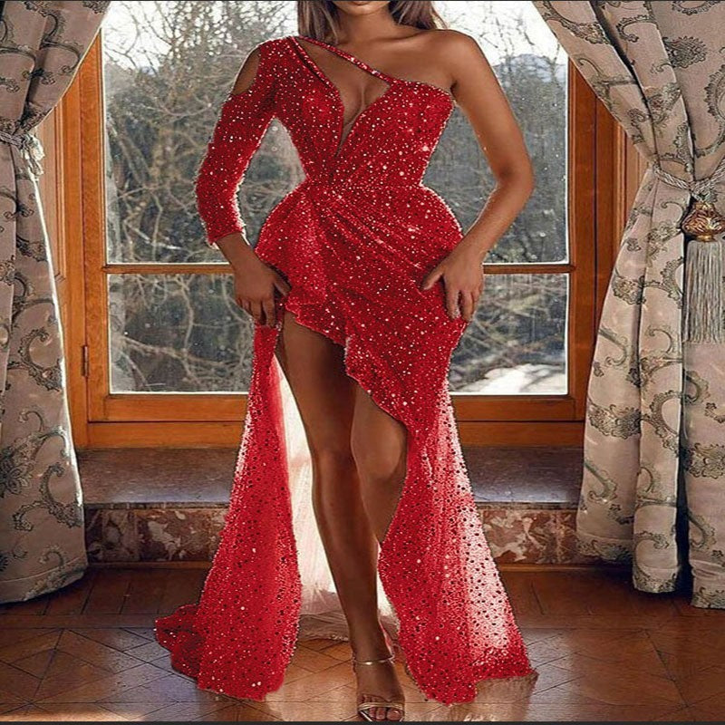Drune | Puff Kurzarm Tailliertes Pailletten Midi Partykleid
