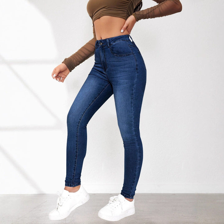Damen High-Waist Skinny Jeans mit angedeuteten Taschen und elastischem Bund Drune