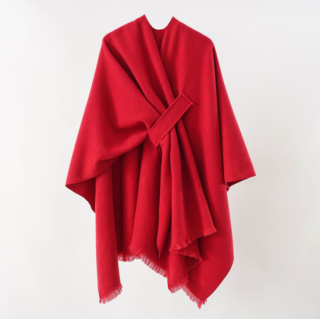 Damen Strickponcho mit geometrischem Blockmuster und Fransen Drune