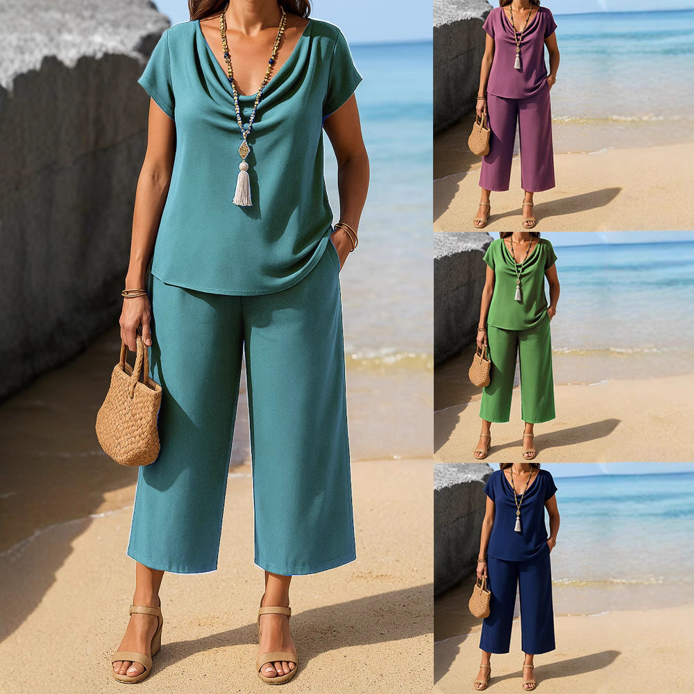 Damen bequemes Set aus lässigem Oberteil und weit geschnittener Hose Drune