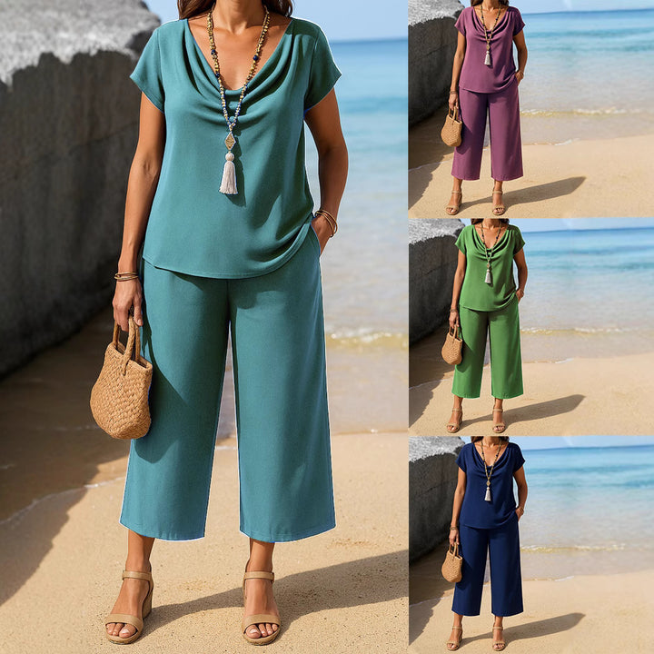 Damen bequemes Set aus lässigem Oberteil und weit geschnittener Hose Drune
